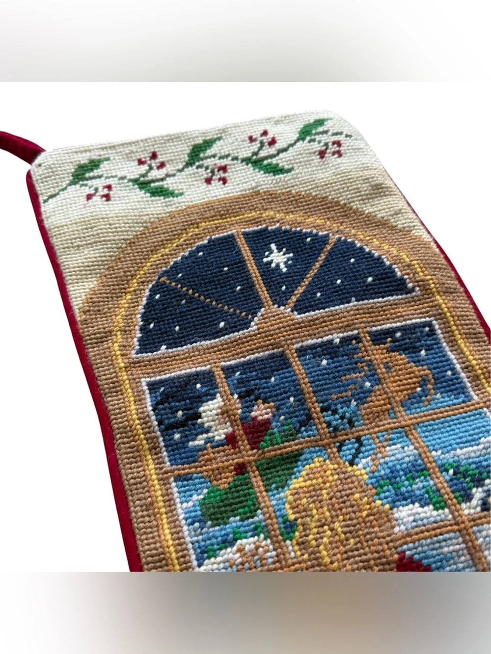 Vintage Wool Needlepoint Christmas Stocking Santa Reindeer Grandmillennial Decor